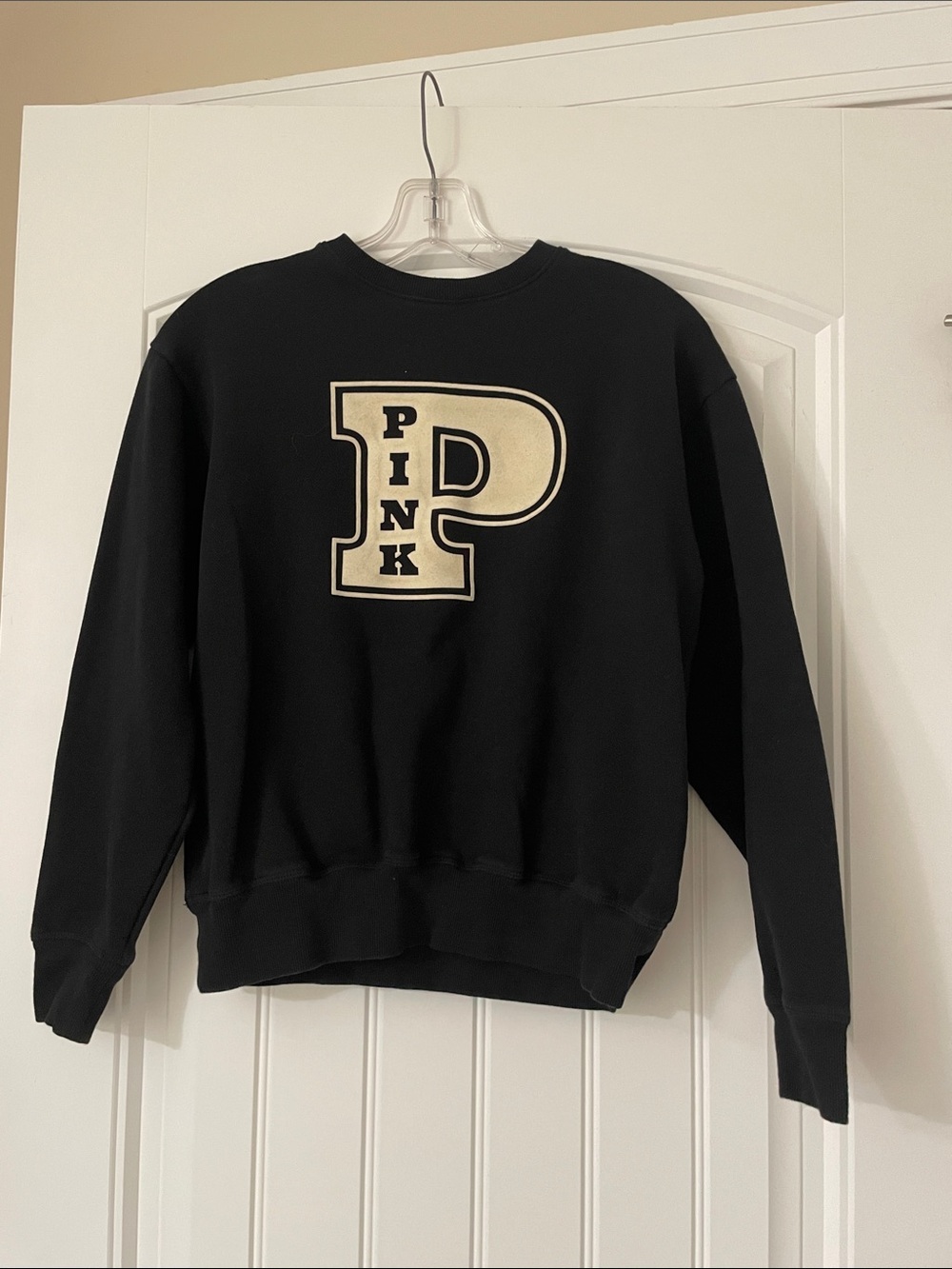 PINK Victoria's Secret Black Crewneck with Cream 'P' Logo